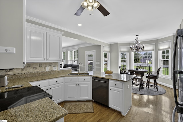 509 Wentworth Farm Cir, Boiling Springs, SC 29316 - kitchen featuring stainless steel dishwasher, a peninsula, wood finished floors, tasteful backsplash, and white cabinets