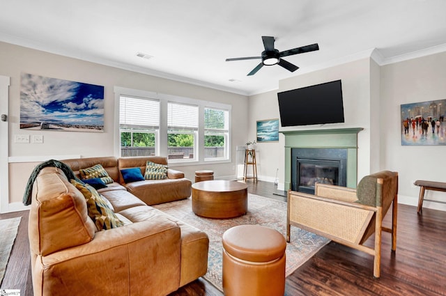 214 Terrapin Cross Way, Simpsonville, SC 29680 - living area with wood finished floors, crown molding, a ceiling fan, and a glass covered fireplace