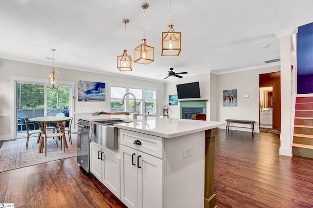 214 Terrapin Cross Way, Simpsonville, SC 29680 - kitchen with ceiling fan, a glass covered fireplace, light countertops, dark wood-type flooring, and pendant lighting