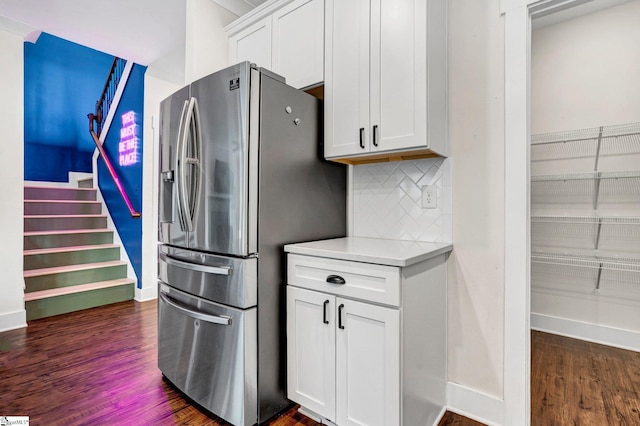 214 Terrapin Cross Way, Simpsonville, SC 29680 - kitchen featuring stainless steel refrigerator with ice dispenser, dark wood-type flooring, backsplash, and white cabinets