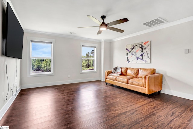 214 Terrapin Cross Way, Simpsonville, SC 29680 - living area featuring healthy amount of natural light, crown molding, a ceiling fan, and dark wood finished floors
