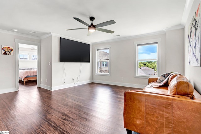 214 Terrapin Cross Way, Simpsonville, SC 29680 - living room with crown molding, dark wood finished floors, and ceiling fan