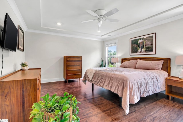 214 Terrapin Cross Way, Simpsonville, SC 29680 - bedroom featuring dark wood-style flooring, ornamental molding, recessed lighting, ceiling fan, and a tray ceiling