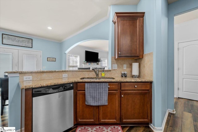 114 Eagles View Ct, Easley, SC 29642 - kitchen featuring stainless steel dishwasher, dark wood-type flooring, tasteful backsplash, light stone counters, and crown molding