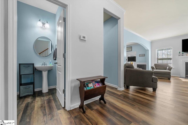 114 Eagles View Ct, Easley, SC 29642 - corridor with wood finished floors, arched walkways, and ornamental molding