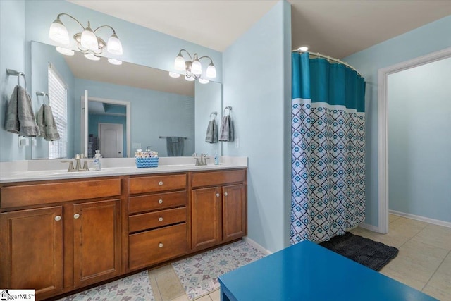 114 Eagles View Ct, Easley, SC 29642 - bathroom featuring tile patterned floors, double vanity, a chandelier, and a shower with shower curtain