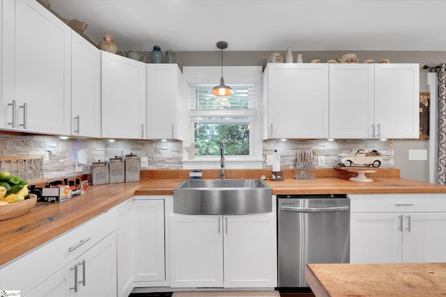301 Ridgecrest Dr, Easley, SC 29640 - kitchen featuring stainless steel dishwasher, white cabinets, wood counters, and decorative backsplash