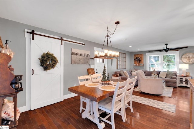 301 Ridgecrest Dr, Easley, SC 29640 - dining area with a barn door, wood finished floors, ceiling fan, and recessed lighting