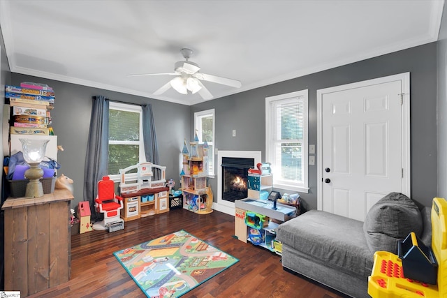 301 Ridgecrest Dr, Easley, SC 29640 - recreation room featuring healthy amount of natural light, a warm lit fireplace, wood finished floors, ceiling fan, and ornamental molding