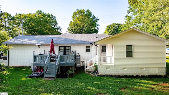 301 Ridgecrest Dr, Easley, SC 29640 - rear view of property with crawl space, a yard, a shingled roof, a deck, and french doors