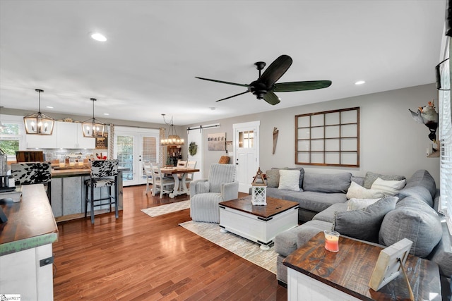 301 Ridgecrest Dr, Easley, SC 29640 - living room with a chandelier, plenty of natural light, recessed lighting, ceiling fan, and dark wood-style floors