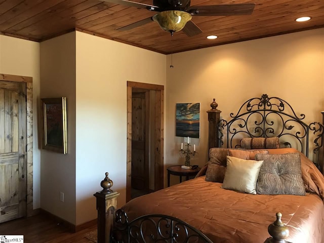 bedroom featuring ceiling fan, dark hardwood / wood-style floors, and wood ceiling