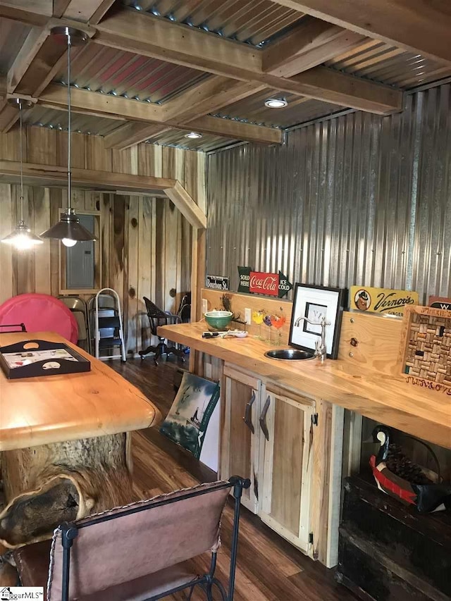 interior space featuring wood walls and dark wood-type flooring