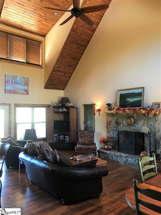 living room with ceiling fan, wooden ceiling, dark wood-type flooring, and a fireplace