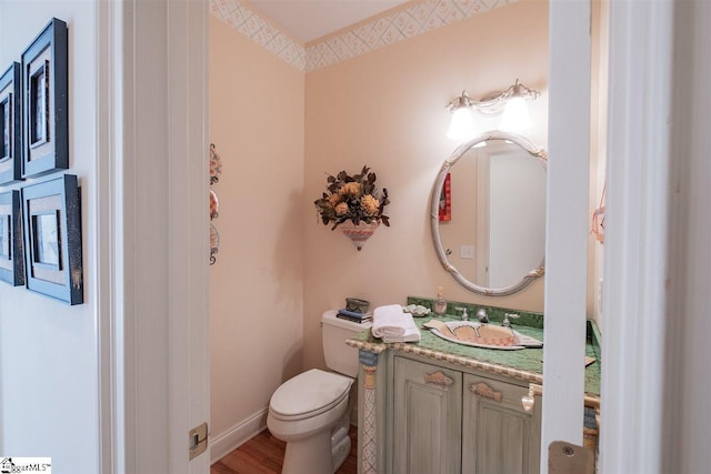 bathroom featuring vanity, toilet, and hardwood / wood-style flooring