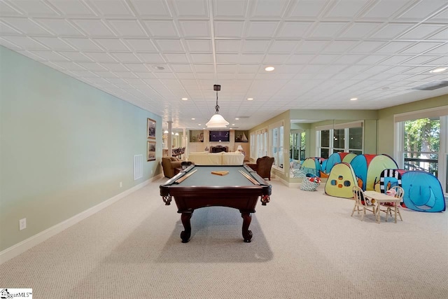 recreation room with light carpet, pool table, and french doors