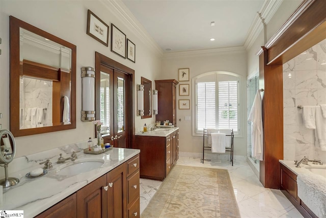 bathroom featuring french doors, crown molding, dual bowl vanity, tile floors, and a bathtub