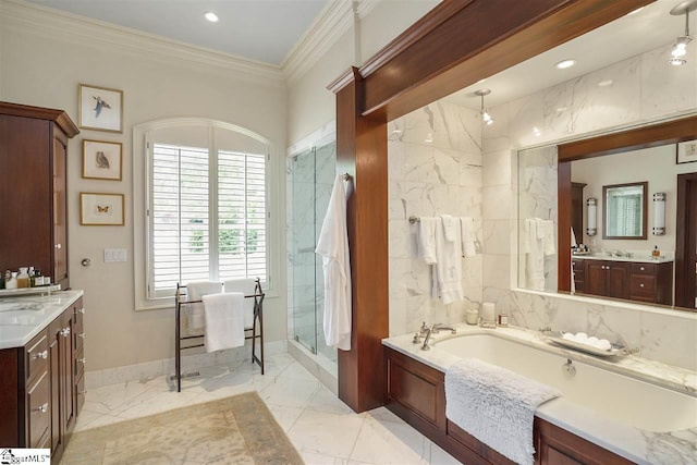 bathroom with vanity, tile flooring, shower with separate bathtub, and ornamental molding