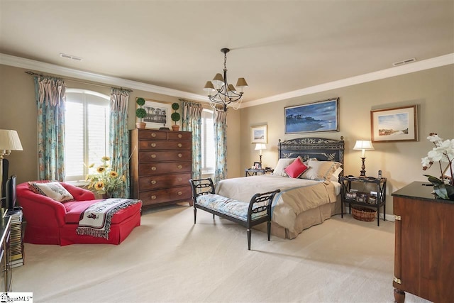 bedroom featuring light carpet, crown molding, and a chandelier