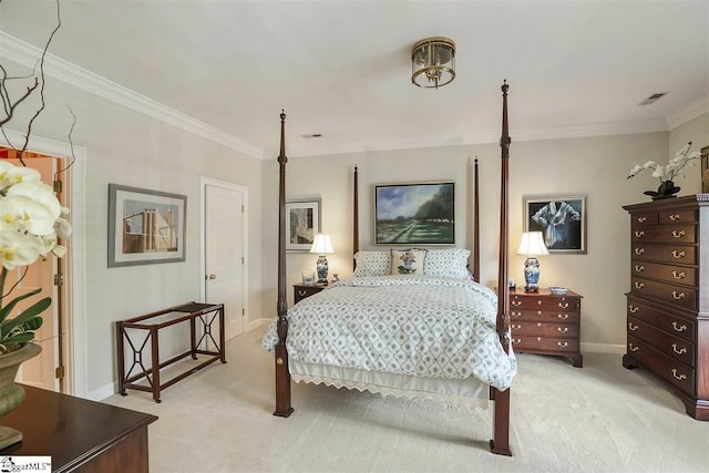 carpeted bedroom featuring ornamental molding