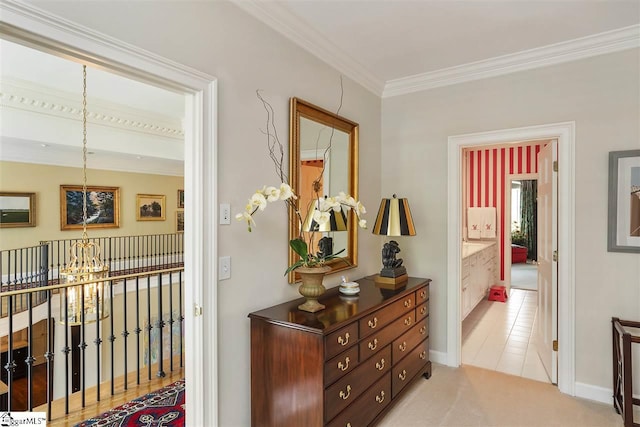 hall featuring ornamental molding and light tile floors