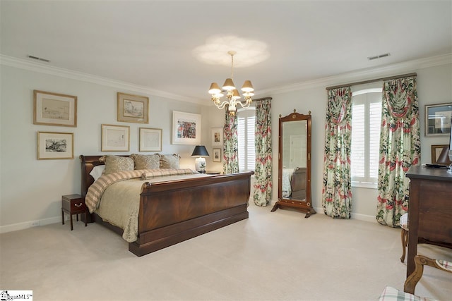 bedroom featuring crown molding, light colored carpet, and a chandelier