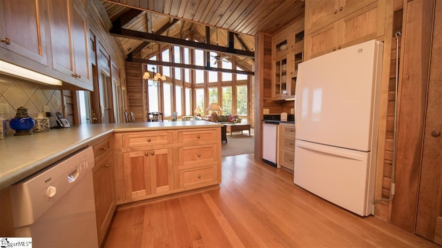 kitchen featuring wooden ceiling, backsplash, white appliances, and light hardwood / wood-style flooring