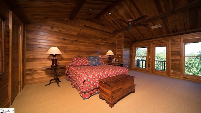 bedroom with carpet, vaulted ceiling with beams, access to exterior, ceiling fan, and wood ceiling