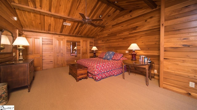 bedroom with light carpet, wooden walls, vaulted ceiling with beams, and wood ceiling