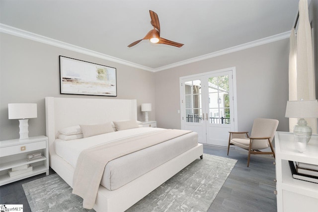 bedroom with french doors, dark hardwood / wood-style floors, ceiling fan, crown molding, and access to outside