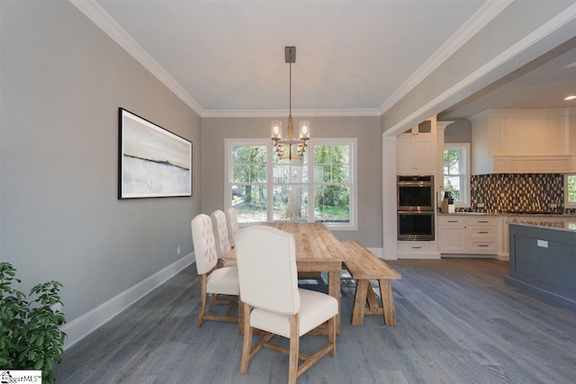 dining area featuring an inviting chandelier, crown molding, and dark wood-type flooring