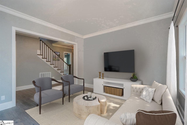 living room with crown molding and dark hardwood / wood-style flooring