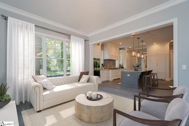 living room featuring hardwood / wood-style floors and ornamental molding