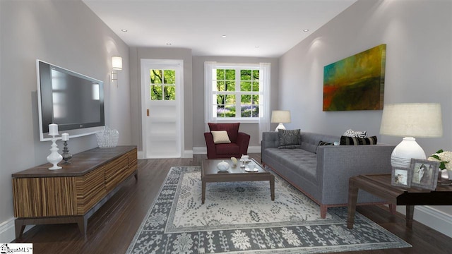 living room featuring dark wood-type flooring