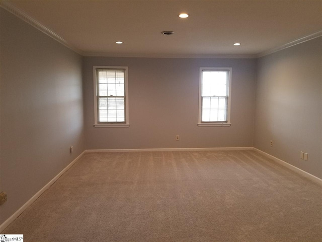 spare room featuring crown molding, light colored carpet, and a healthy amount of sunlight