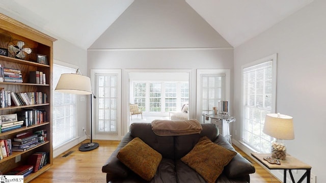 living room featuring high vaulted ceiling and light hardwood / wood-style floors