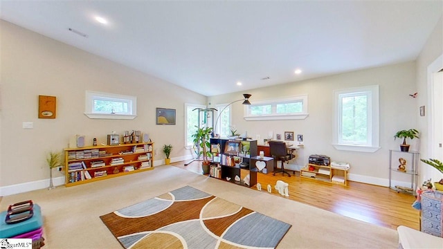 rec room featuring light hardwood / wood-style flooring and vaulted ceiling