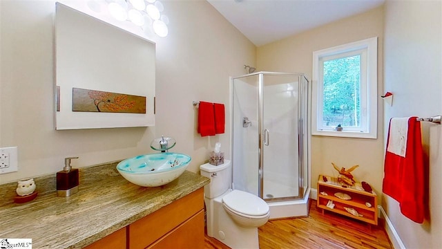 bathroom featuring toilet, vanity, a shower with shower door, and wood-type flooring