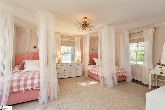 bedroom featuring light colored carpet