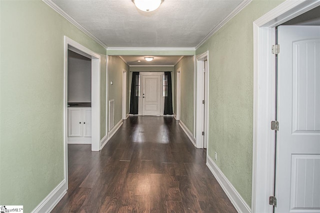 corridor featuring crown molding, dark hardwood / wood-style floors, and a textured ceiling