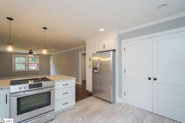 kitchen with appliances with stainless steel finishes, light stone counters, white cabinets, crown molding, and ceiling fan