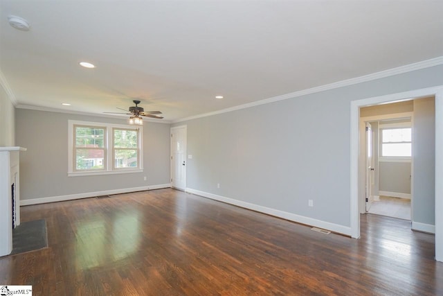 unfurnished living room with crown molding, dark hardwood / wood-style floors, and ceiling fan