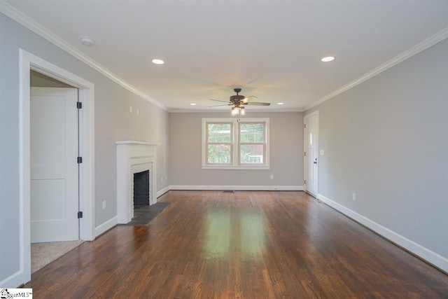 unfurnished living room featuring ceiling fan, ornamental molding, and dark wood-type flooring