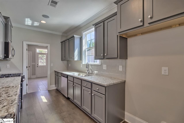 kitchen featuring gray cabinets, light stone countertops, and dark wood-type flooring