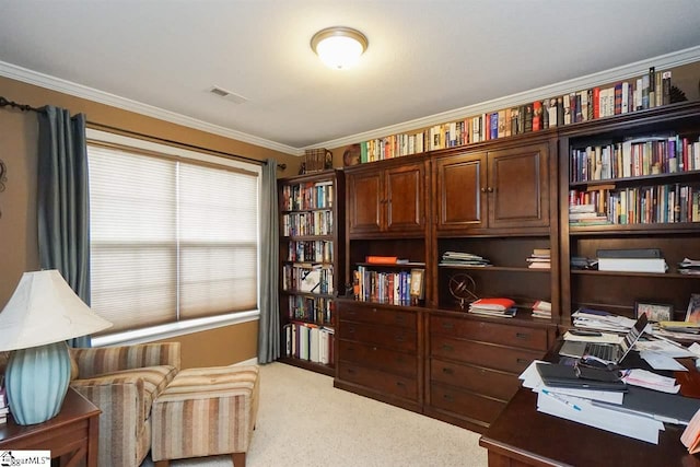 home office with light colored carpet and ornamental molding