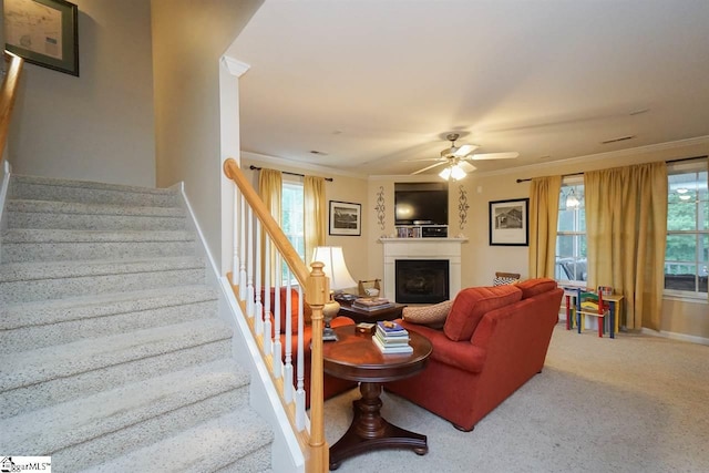 carpeted living room featuring ceiling fan and ornamental molding