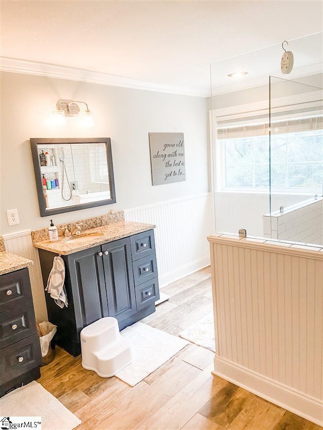 bathroom with a bathing tub, vanity, and hardwood / wood-style flooring