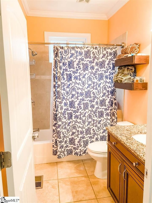 full bathroom with shower / tub combo, crown molding, tile flooring, toilet, and vanity