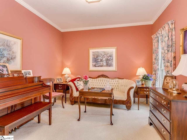 living room with crown molding and light colored carpet