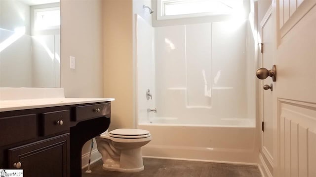 full bathroom with oversized vanity, shower / washtub combination, and toilet